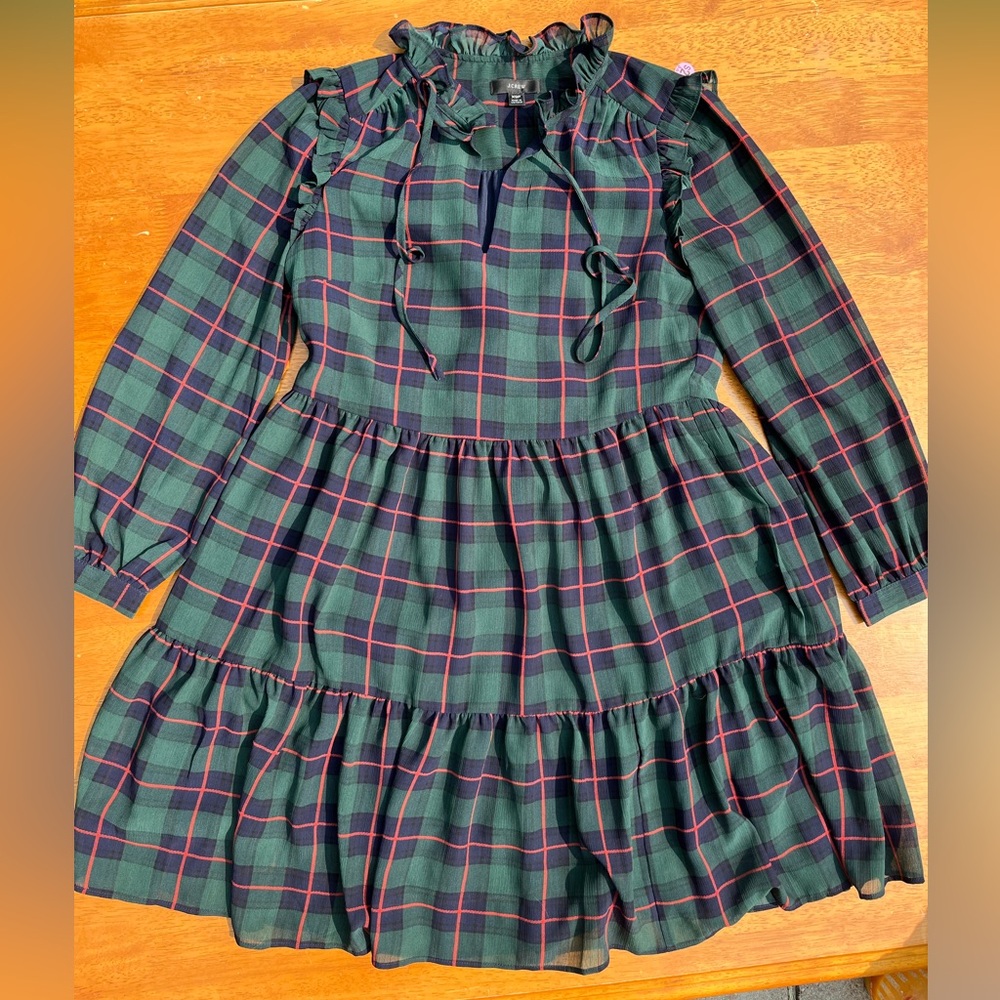 J. Crew Green and Blue Plaid Ruched Tiered Dress